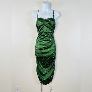 For Love & Lemons Green & White Polka Dot Ruched Spaghetti Strap Dress Size S